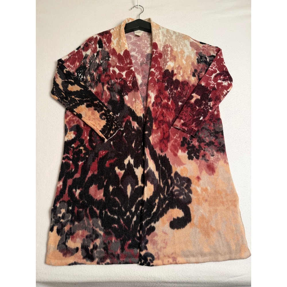 Chicos Abstract Damask Floral Open Front Cardigan Burgundy Black Size 1 M/L